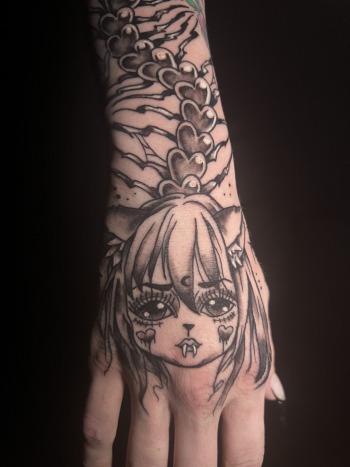 Anime Black & Grey Tattoo by Funk at Iron Palm Tattoos in Atlanta, Georgia. Walk-Ins welcome. Call 404-973-7828 or visit for a free consultation.