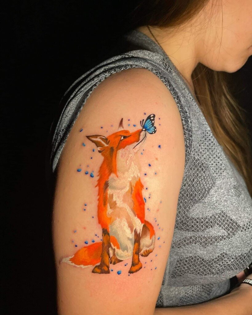 Fox animal tattoo colored and inked by the Artist Lytic at Iron Palm Tattoos & Body Piercing in downtown Atlanta, Georgia. Walk0ins are welcome. Call 404-973-7828 or stop by for a free consultation.