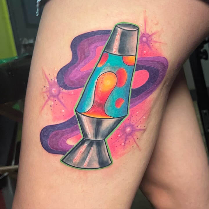 Lava lamp tattoo by artist Paper Airplane Jane of Iron Palm Tattoos & Body Piercing in downtown Atlanta. Call 404-973-7828 or stop by for a free consultation.