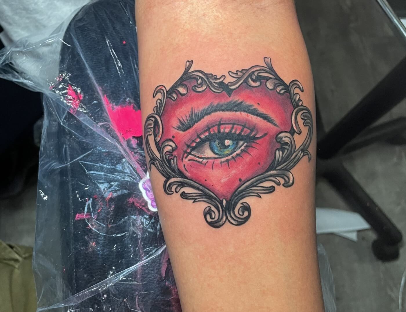 Abstract eye & color tattoo by Paper Airplane Jane at Iron Palm Tattoos in south downtown Atlanta. We're open late night and walk Ins are welcome. Call 404-973-7828 or stop by for a free consultation.