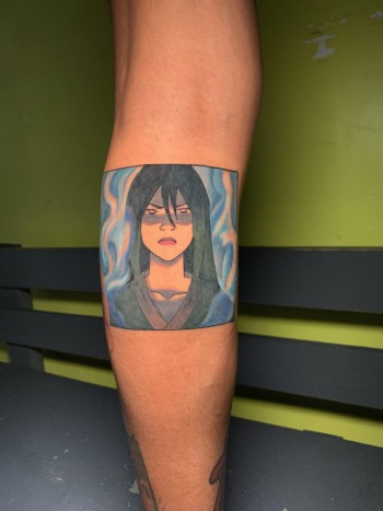 Azula with blue fire Anime Portrait tattoo by J.R. Outlaw of Iron Palm Tattoos & Body Piercing. Inspired by the world of 'Avatar' from "The Last Airbender.' Call 404-973-7828 or stop by for a free consultation. Walk-Ins welcome