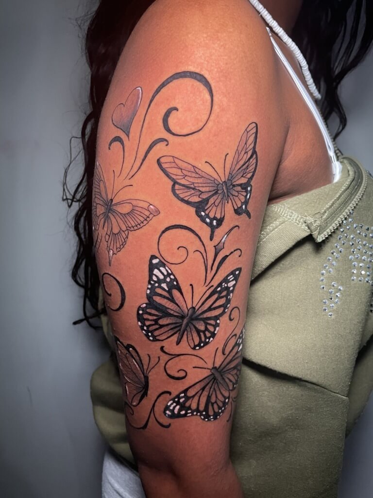 Butterfly tattoo by Lyric TheArtist at Iron Palm Tattoos in downtown Atlanta. What do you think? Let us know in the comments. We're open late night until 2 A.M. and located conveniently close to Mercedes-Benz stadium and State Farm Arena downtown. Call 404-973-7828 or stop by for a free consultation. #colortattooartist #castleberry #art #atlink #atlantatattoo #atlantaink #tattoolife #ironpalmtattoos #tattoostudio #atlantatatt #blackowned #colortattoo #atlantatattooshop #tattooideas #realistictattoo #americantattoo #georgiatattoo #inkedlife #atlantatattooartist #atlien #tattooartist #atlantaart #downtownatlanta #tattoodesign #atlantaartist #georgiatattooartist #butterflytattoo #insecttattoo
