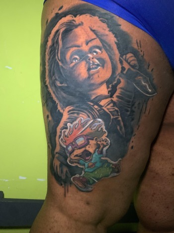 Chucky & Chucky Cartoon & Movie Tattoo by JR Outlaw at Iron Palm Tattoos. Includes portrait and anime tattoo styles. We're open late night and located in Atlanta's Castleberry Hill art district in downtown Atlanta. Call 404-973-7828 or stop by for a free consultation.