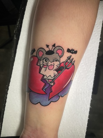 Hamtaro 'Spat Pooie' anime tattoo designed and inked by Lyric The Artist at Iron Palm Tattoos in downtown Atlanta, GA. Call 404-973-7828 or stop by for a free consultation. Walk-Ins are welcome.