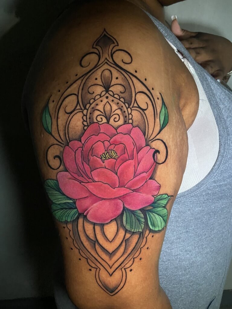Mandala flower Tattoo by Lyric The Artist At Iron Palm Tattoos & Body Piercing in downtown Atlanta's Castleberry Hill Art district. Iron Palm Is the most reviewed tattoo shop in Atlanta. Call 404-973-7828 or stop by for a free consultation.