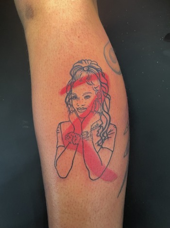 Minimalist female portrait tattoo by Paper Airplane Jane, a tattoo artist at Iron Palm Tattoos & Body Piercing in south downtown Atlanta. Tattoo walk-Ins are always welcome. Call 404-973-7828 or stop by for a free consultations.