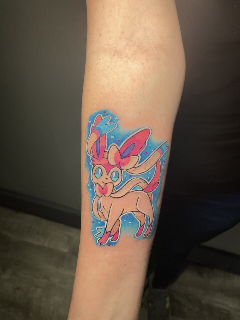 Pokemon color anime tattoo inked by 'Lyric The Artist' at Iron Palm Tattoos in downtown Atlanta, Georgia's castleberry art district. Call 404-973-7828 or stop by for a free consultation.
