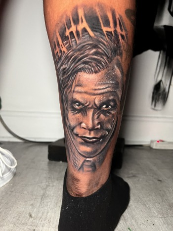 Portrait tattoo of Heath Ledger as The Joker by body artist DB. Wyte, a tattooer at Iron Palm Tattoos in the Castleberry Art district of Atlanta, GA. Call 404-973-7828 or stop by for a free consultation to book DB. Wyte.