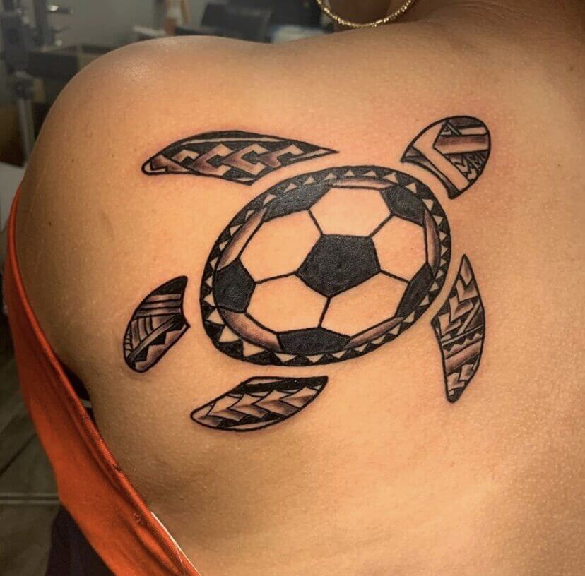 tribal turtle tattoo with soccer kickball in black grey by mo8