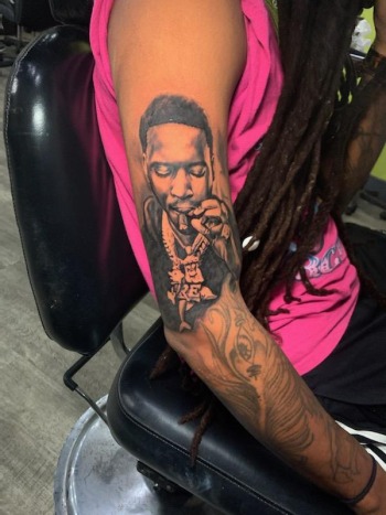 Adolph Robert Thornton Jr. (July 27, 1985 – November 17, 2021). Memorial portrait tattoo of Young Dolph by artist J.R. Outlaw at Iron Palm Tattoos & Body Piercing in Atlanta, Georgia. Call 404-973-7828 or visit for a free consultation. Located at 249 Trinity Ave, Atlanta, GA 30303