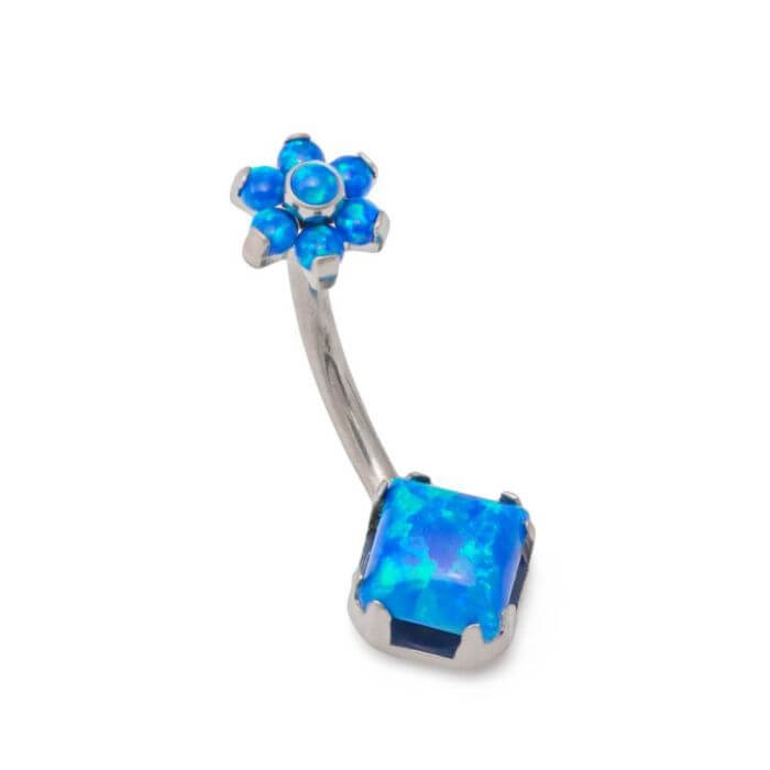 14g 7/16” Internally Threaded Princess-Cut Opal Titanium Belly Button Ring with Opal Flower Top pt2