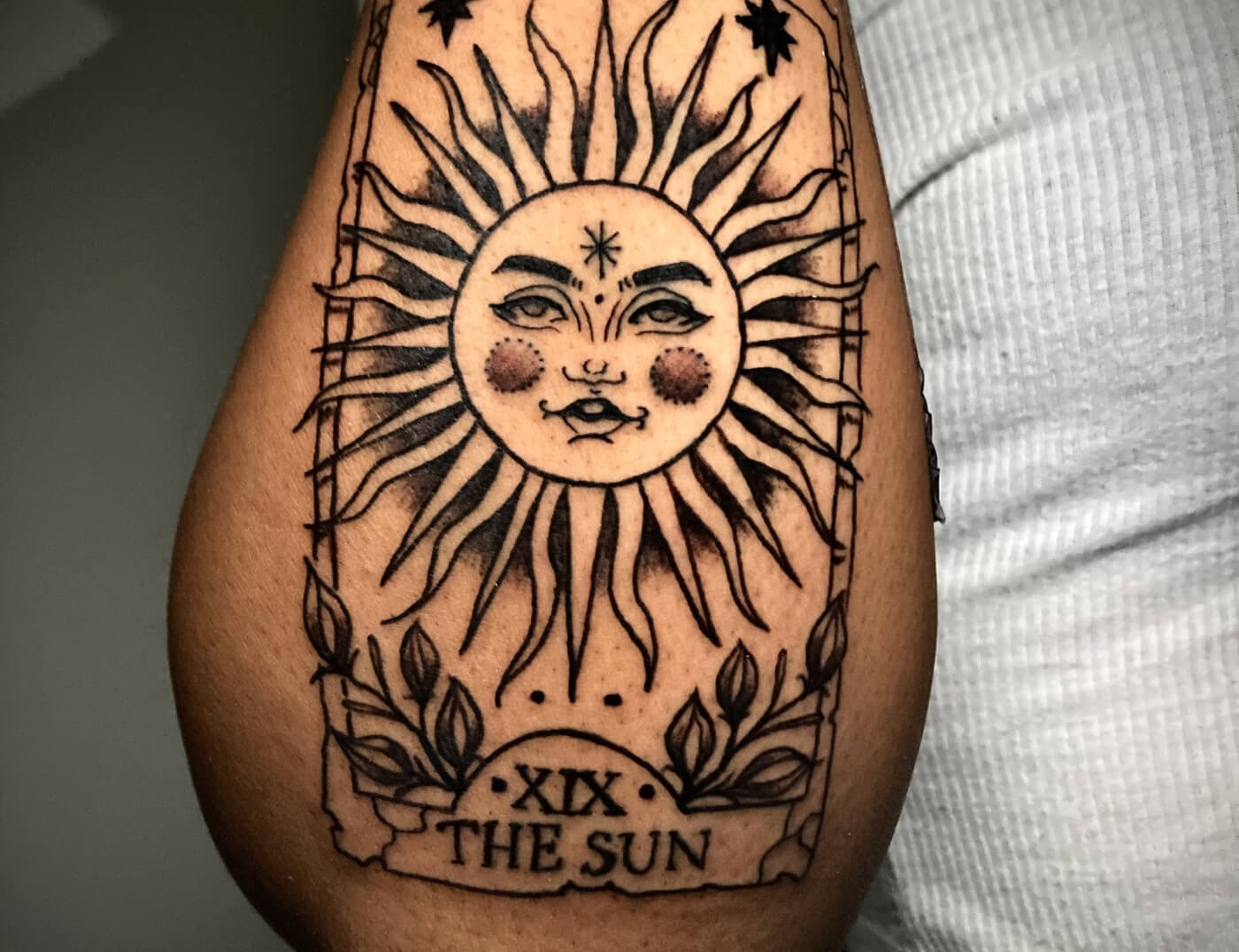 Fine Line Sun Tarot Card Tattoo By Funk Tha World At Iron Palm Tattoos & Body Piercing. We're open late most nights until 2 A.M. Call 404-973-7828