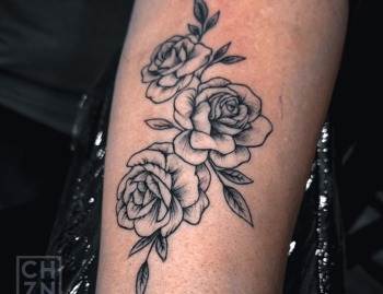 "Rose In Bloom" Flower Tattoo By Choze At Iron Palm Tattoos In South Downtown Atlanta Georgia. Bloomed rose tattoos normally symbolize positive meanings such as beauty, love:, growth, transformation, hope, or renewal. Call 404-973-7828 or stop by for free consultation with an Iron Palm Tattoo artist. Walk ins are welcome.