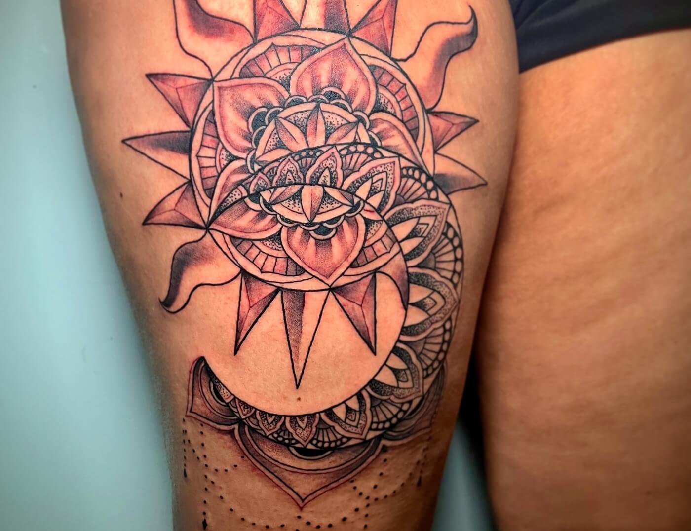 Sun & Moon Mandala Tattoo By Lyric TheArtist At Iron Palm Tattoos In Atlanta, Georgia. Lyric specializes in creating intricate Mandala tattoos. We're open late night until 2AM most nights. Call 404-973-7828 or stop by for a free consultation with Lyric or another Iron Palm tattoo artist. Walk-ins are welcome.