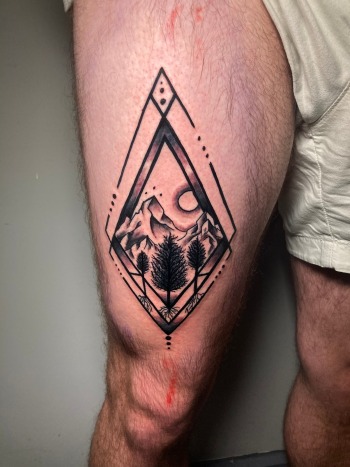 Funky Fine Line Mountain Landscape Tattoo By Funk Tha World At Iron Palm Tattoos & Body Piercing in downtown Atlanta, GA. This is one of our favorite pieces. Notice how clean Funk's linework is. Designed and inked for for IG:@a_medlinkid Call 404-973-7828 or stop by for a free consultation. Walk Ins are welcome.