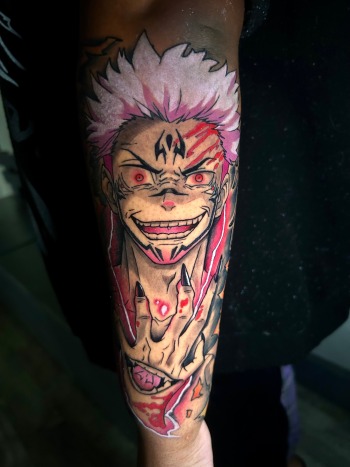 Jujutsu Kaisen Sukuna Anime Tattoo By Lyric TheArtist At Iron Palm Tattoos In Atlanta. Call 404-973-7828 or stop by for a free consultation. Walk Ins are welcome.
