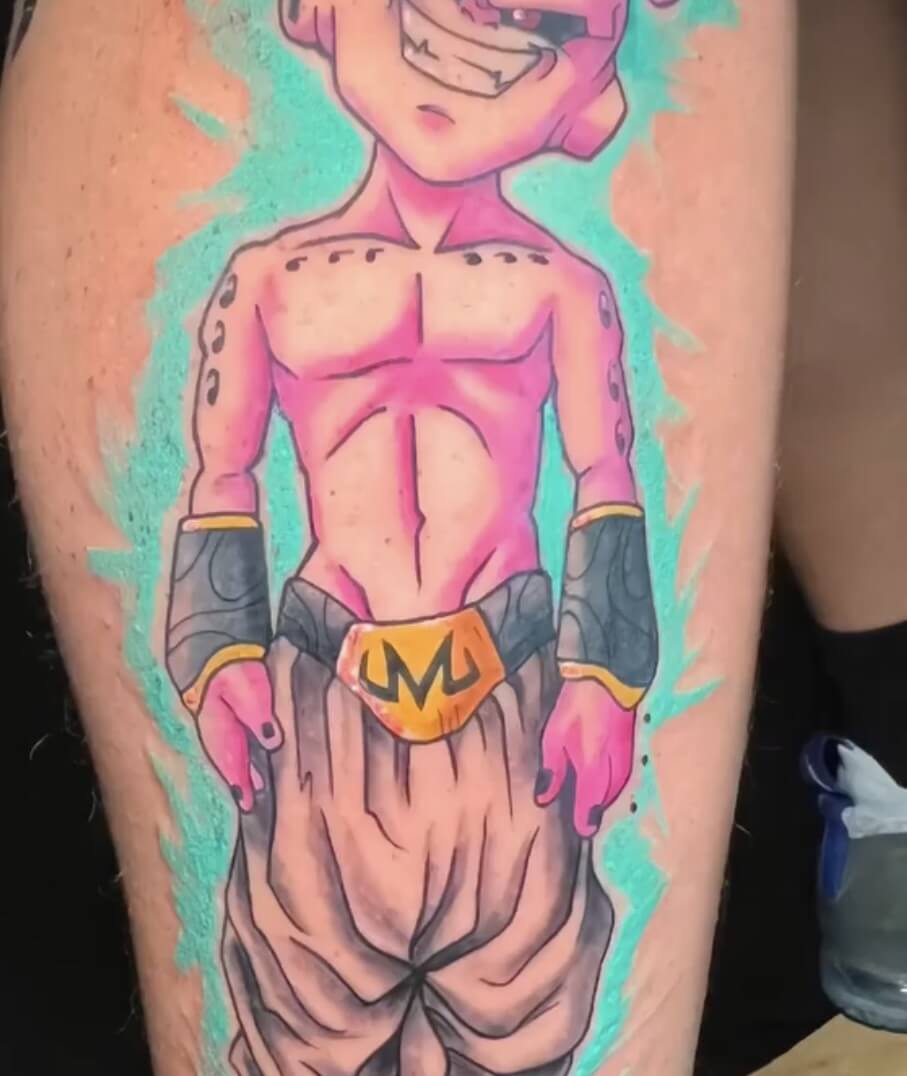 Majin Buu (Kid Buu) Dragon Ball Z Anime Tattoo By Funk Tha World At Iron Palm Tattoos In Atlanta, GA. Call 404-973-7828 or stop by for a free consultation with Funk. Walk Ins are welcome.