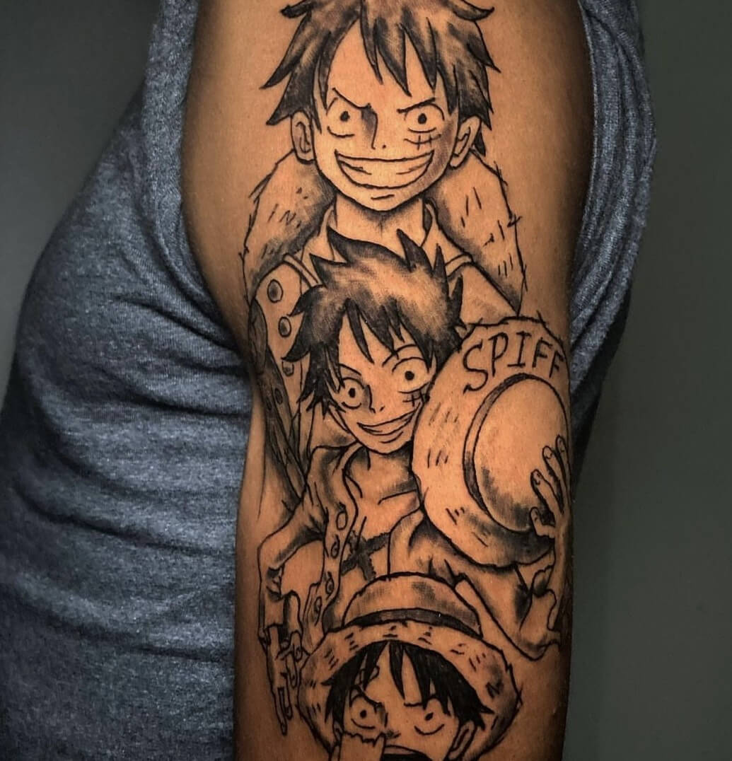 Monkey D. Luffy AKA "Straw Hat Luffy" Manga Anime Tattoo By Funk The World. Funk is a favorite for Anime tattoos in Atlanta. Call 404-973-7828 or stop by for a free consultation. Walk Ins are welcome.