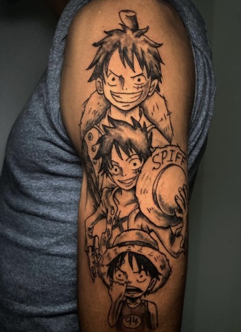 Monkey D. Luffy AKA "Straw Hat Luffy" Manga Anime Tattoo By Funk The World. Funk is a favorite for Anime tattoos in Atlanta. Call 404-973-7828 or stop by for a free consultation. Walk Ins are welcome.