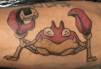 Pokemon "Krabby" Cancer Astrology Tattoo by Funk Tha World At Iron Palm Tattoos In Atlanta, GA. Done for a client that wanted a fun tattoo for his birthday. Call 404-973-7828 or stop by for a free consultation. Walk Ins are welcome.