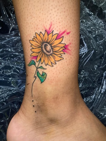Sunflower Tattoo by Funk Tha World At Iron Palm Tattoos. Designed by Funk and inked on @__itschrissy. Call 404-973-7828 or stop by for a free consultation. Walk Ins are welcome.