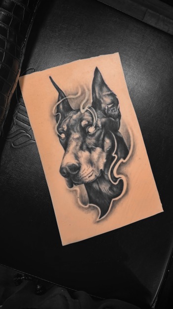 Doberman Photo-realism Dog Portrait Tattoo Flash by Choze at Iron Palm Tattoos in Atlanta, GA. We're open until 2AM most nights. Call 404-973-7828 or stop by for a free consultation with Choze.