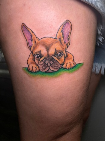 French Bulldog by Funk Tha World At Iron Palm Tattoos In Atlanta, GA. Frenchies are loved for their moderate behavior and funny antics. We love them so much Iron Palm has Frenchies too. Stop by and our body artists can give your best friend immortality through ink! We're open late night until 2AM. Call 404-973-7828 or stop by for a free consultation. Walk ins are always welcome.