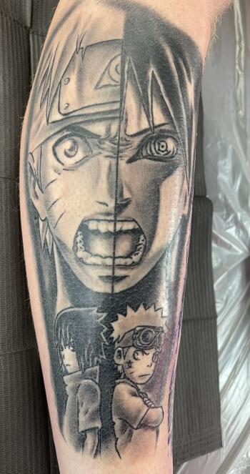 Naruto Uzumaki Manga Series Japanese Anime Tattoo By @@db.wyte . What do you think? Let us know in the comments. Iron Palm is open late night until 2AM most nights. Call 404-973-7828 or stop by for a free consultation with D.B. Wyte or any other Iron Palm body artist. Walk-Ins are welcome.