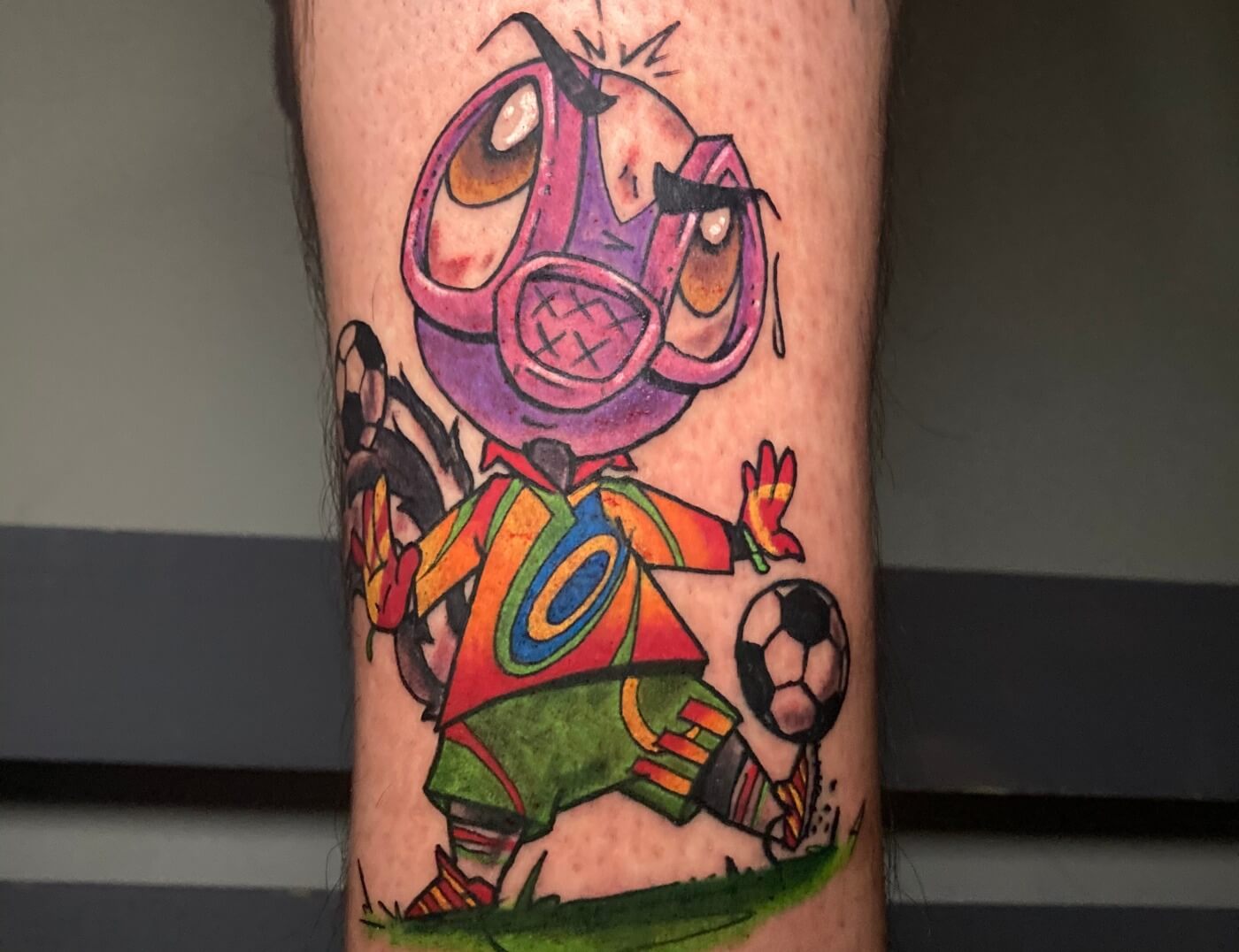 P.U. Tha Skunk In Jorge Campos' Mexican Soccer Jersey Color Cartoon Tattoo By Funk Tha World At Iron Palm Tattoos. We love the vivid color scheme. This tattoo was made by Funk for Jose Deanda-Carrillo IG:@jose_suavo_09, P.U. ThaSkunk IG:@p.u.thaskunk is a animation concept created by Funk and loved so much by his fans they get tattoos of the character. Jose wanted the character as a tribute to his favorite soccer star, Jorge Campos. We're open late night til 2AM most nights. Call 404-973-7828 or stop by for a free consultation. Walk-Ins are welcome.