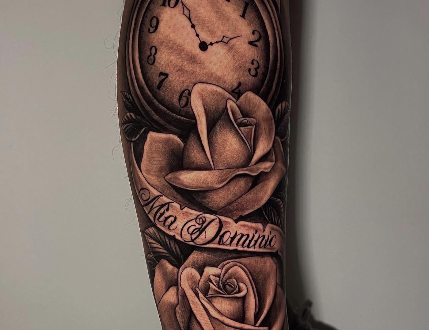 'Mia Domino' With Birth Date Black & Grey Lettering Script Tattoo By Rene Cristobal, A Guest Artist At Iron Palm Tattoos In Atlanta. Rene comes to Atlanta July 3rd -16th and is available for booking. We're open late night til 2AM. Call 404-973-7828 or stop by for a free consultation. Walk ins are welcome.