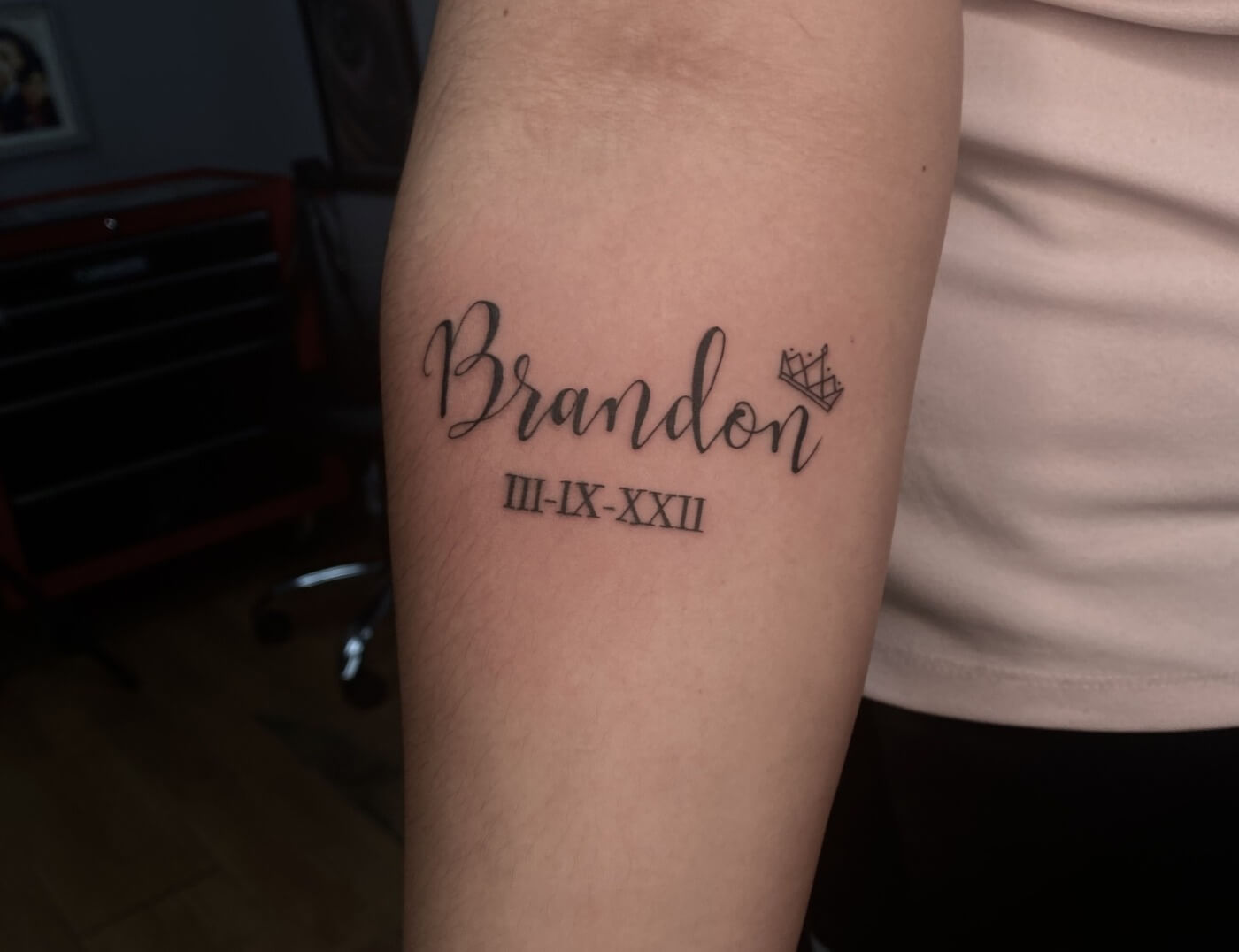 "Brandon" Lettering Tattoo by Rene Cristobal, a guest artist at Iron Palm Tattoos. Rene comes to Atlanta from Concepcion, Chile. Call 404-973-7828 or stop by for a free consultation. We're open late night until 2AM most nights. Walk ins are welcome.