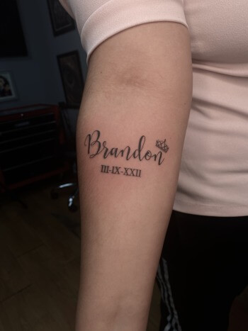 "Brandon" Lettering Tattoo by Rene Cristobal, a guest artist at Iron Palm Tattoos. Rene comes to Atlanta from Concepcion, Chile. Call 404-973-7828 or stop by for a free consultation. We're open late night until 2AM most nights. Walk ins are welcome.
