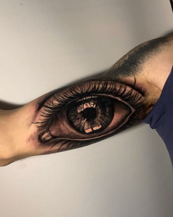 Human Eyeball Black & Grey Photo Realism Tattoo By Rene Cristobal, A Guest Artist At Iron Palm Tattoos. Rene is a Black Work tattoo artist from Vision Tattoo Studio in Concepcion, Chile. We're open late night until 2AM. Call 404-973-7828 or stop by for a free consultation. Walk ins are welcome.