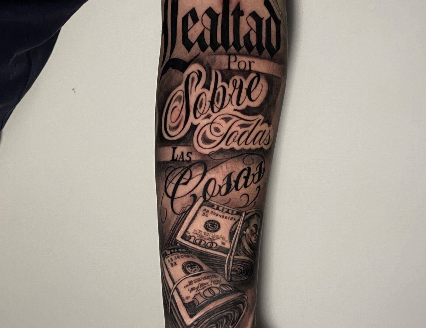 'Leltad Por Sobre Todas Cosas' (Loyalty Above All things) Black Work Lettering Tattoo By Rene Cristobal, A Guest artist at Iron Palm Tattoos in downtown Atlanta, Georgia. Originally from Vision Tattoo Studio in Concepcion, Chile, Rene will be at Iron Palm from July 3rd through July 16th. We're open late night most nights until 2AM. Walk ins are welcome. Call 404-973-7828.