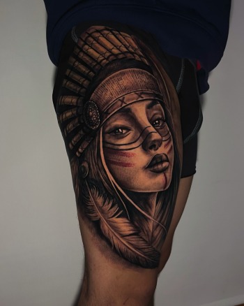 Native American Woman Black & Grey Photo Realism Tattoo By Rene Cristobal, a guest artist at Iron Palm Tattoos In downtown Atlanta. Rene is originally from Vision Tattoo Studio in Concepcion, Chile. Now booking Rene July 3rd - 16th, 2023. We're open late night til 2AM. Call 404-973-7828 or stop by for a free consultation.