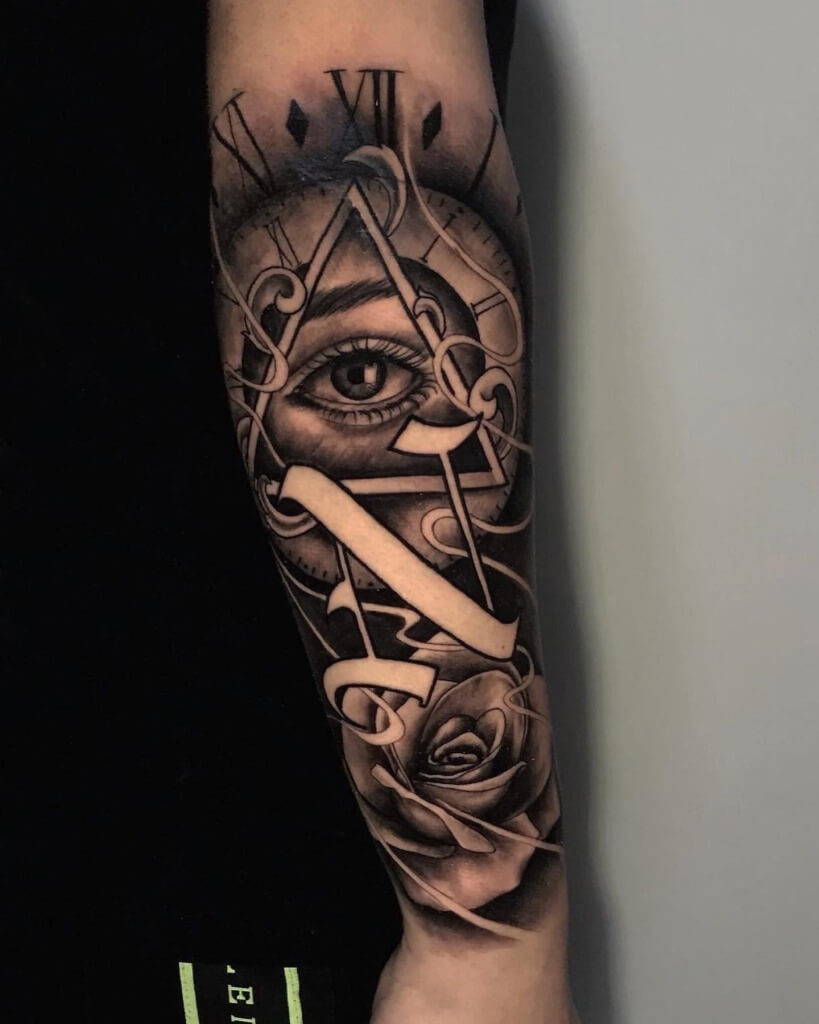 Surrealism Eye, Initial, And Rose by Rene Cristobal, a guest Artist at Iron Palm Tattoos. Rene is a artist from Concepcion, Chile. We're open late night til 2AM. Call 404-973-7828 or stop by for a free consultation.