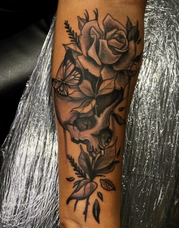 Butterfly And Rose Floral Tattoo By Khem At Iron Palm Tattoos in downtown Atlanta, GA. Call 404 -973-7828 or stop by for a free consultation with Khem. Walk Ins are welcome.