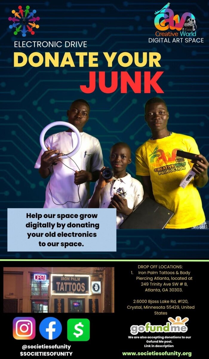 “ Creative World Digital Art Space is having our 2nd Electronic donation drive called “Donate your junk”. Iron Palm Tattoos is a collection point! Drop off your unused electronics at Iron Palm.