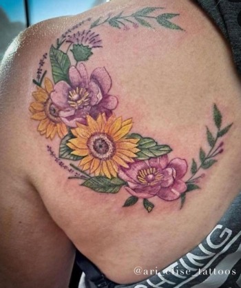Floral Tattoo By Ari Elise, A Guest Artist at Iron Palm Tattoos In Atlanta. We're open late night until AM most nights. Ari comes to us from Hart & Huntington Tattoo Company in Orlando Florida. Call 404-973-7828 or stop by for a free consultation.
