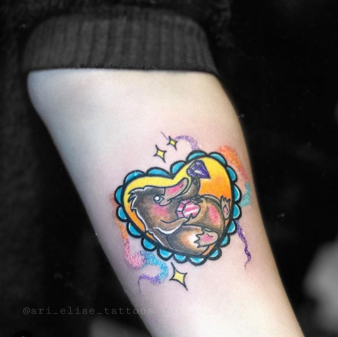 Niffler Harry Potter Tattoo By Ari Elise, a Guest Artist at Iron Palm Tattoos. Ari comes to us from Hart & Huntington Tattoo Company in Orlando Florida. We're open until 2AM most nights. Call 404-973-7828 or stop by for a free consultation. Walk-Ins are welcome.