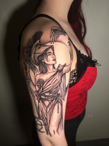 Athena: Goddess of War Portrait Tattoo In Black Ink By Lyric TheArtist at Iron Palm Tattoos. One of the strongest symbols of Feminine power, Athena is a poplar choice for clients wishing to display their inner empowerment. We're open until 2AM most nights. Call 404-973-7828 or stop by for a free consultation. Walk Ins are welcome.