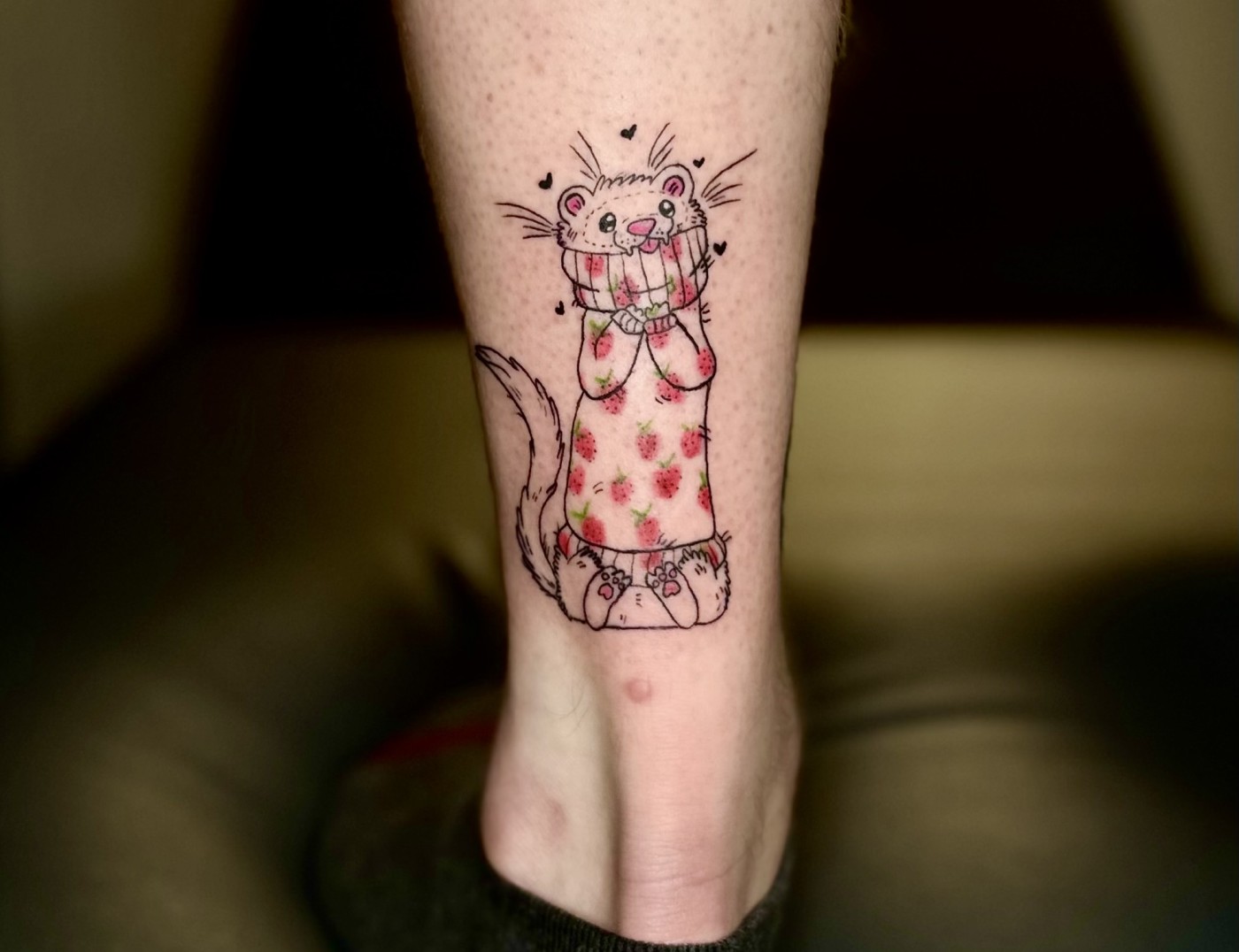 Ferret in a Strawberry Sweatshirt Animal Tattoo By Morana, a guest tattoo artist at Iron Palm Tattoos in Atlanta, Georgia. Morana comes to us from Iron & Ink Tattoo Studio in Los Angeles, California. We're open late night until 2AM most nights. Call 404-973-7828 or stop by for a free consultation.