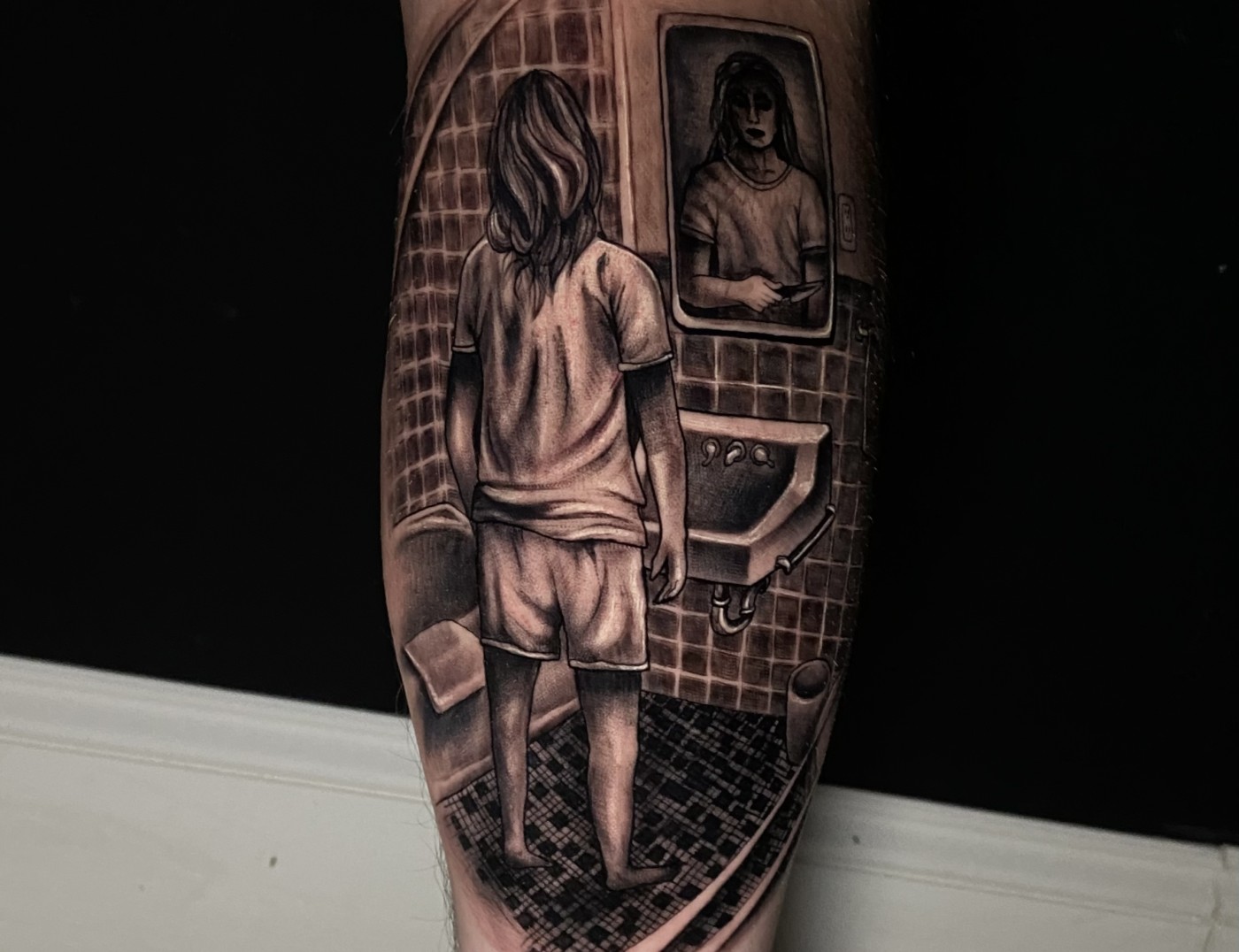 'Man in the Mirror' Blackwork Realism Tattoo By Rene Cristobal. Rene is a Chilean Tattoo Artist from Concepcion, Chile. This tattoo was completed at Iron Palm Tattoos. It represents a man examining himself and considering his past, present, and future choices. He is available for booking Sept 11th - Sept 23rd. Call 404-973-7828 or stop by for a free consultation with Rene. Walk ins are welcome.