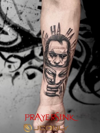 Joker Mask Black & Gray Tattoo By Timmy Hardy, a guest artist at Iron Palm Tattoos. Timmy comes to us from Iron & Ink Tattoo Studio in Los Angeles. He's available for booking Sept 23 - 27th. We're open late night until 2AM most nights. Call 404-973-7828 or stop by for a free consultation. Walk Ins are welcome.