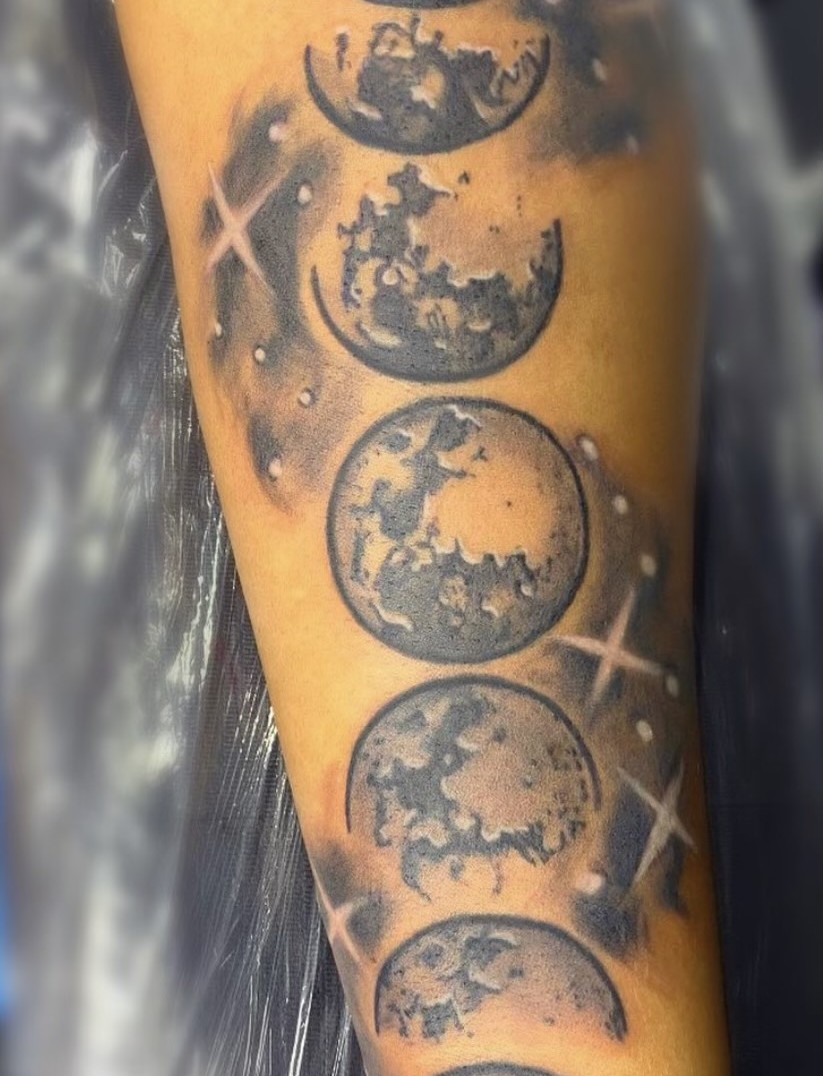 Moon Phases Tattoo By Khem At Iron Palm Tattoos. We're Atlanta's only late night tattoo shop. Call 404-973-7828 or stop by for a free consultation.