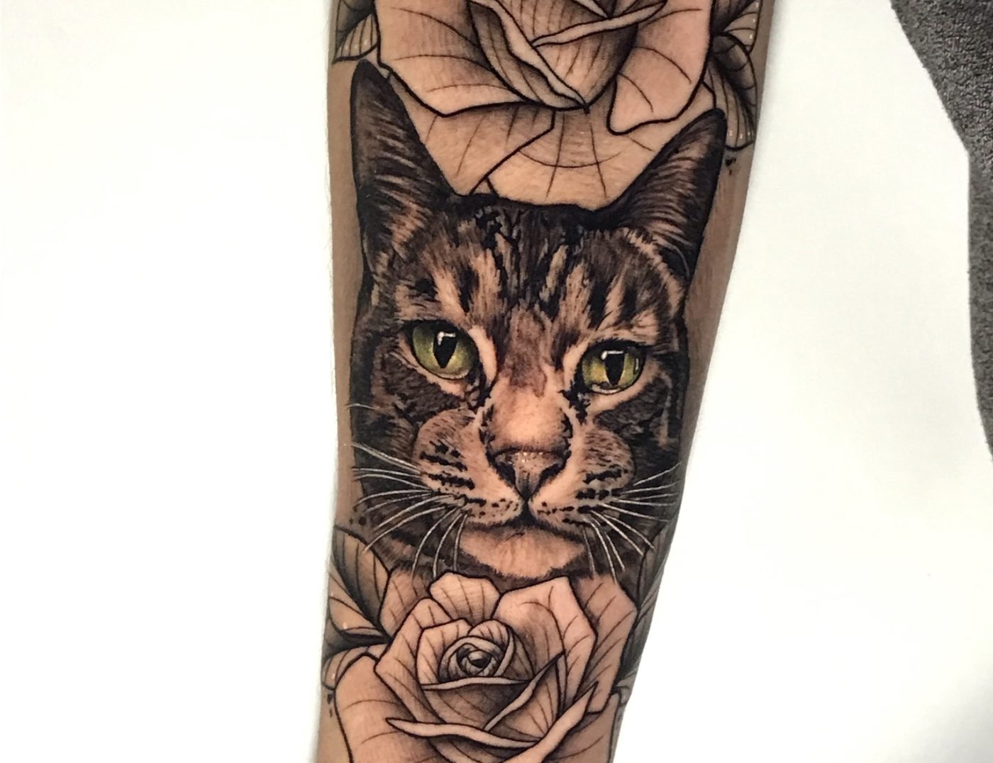 Cat With Green Eyes And Rose Blackwork Photo Realism Tattoo By Rene Cristobal at Iron Palm Tattoos.