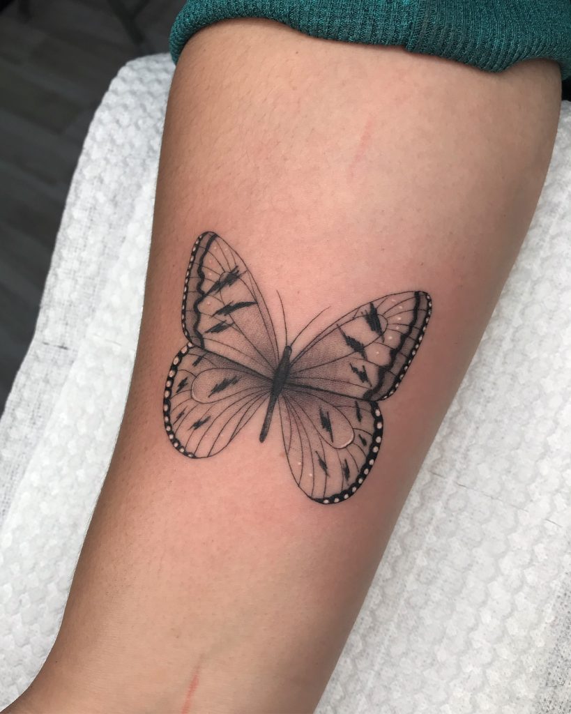 Fine Line Butterfly blackwork Tattoo By Rene Cristobal At Iron Palm Tattoos. Rene is a resident artist at Iron Palm. He specializes in Blackwork and Black and Gray Tattoos but has experience with many tattoo styles.