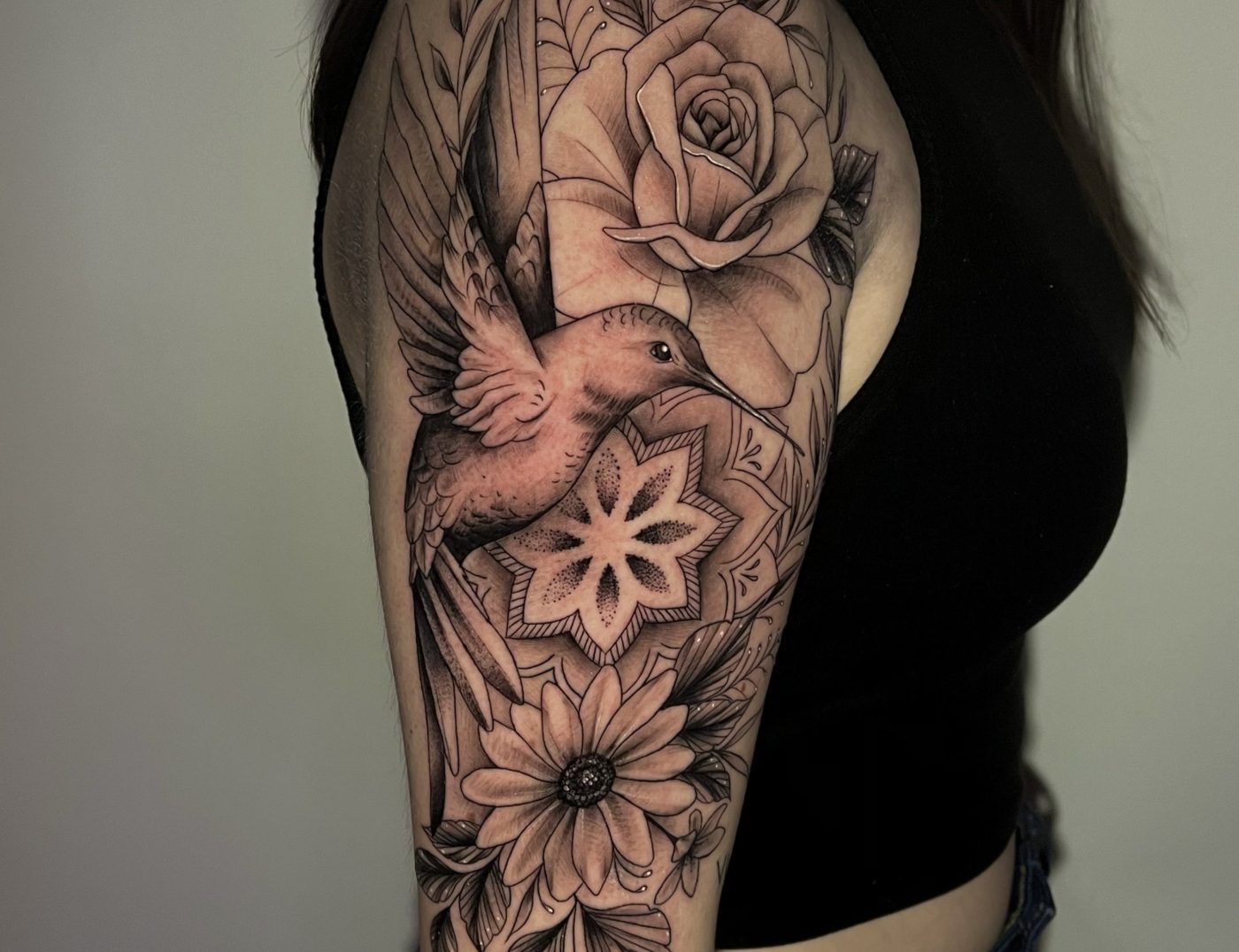Humming Bird, Rose, And Fine Line Mandala Black & Gray Tattoo By Rene Cristobal