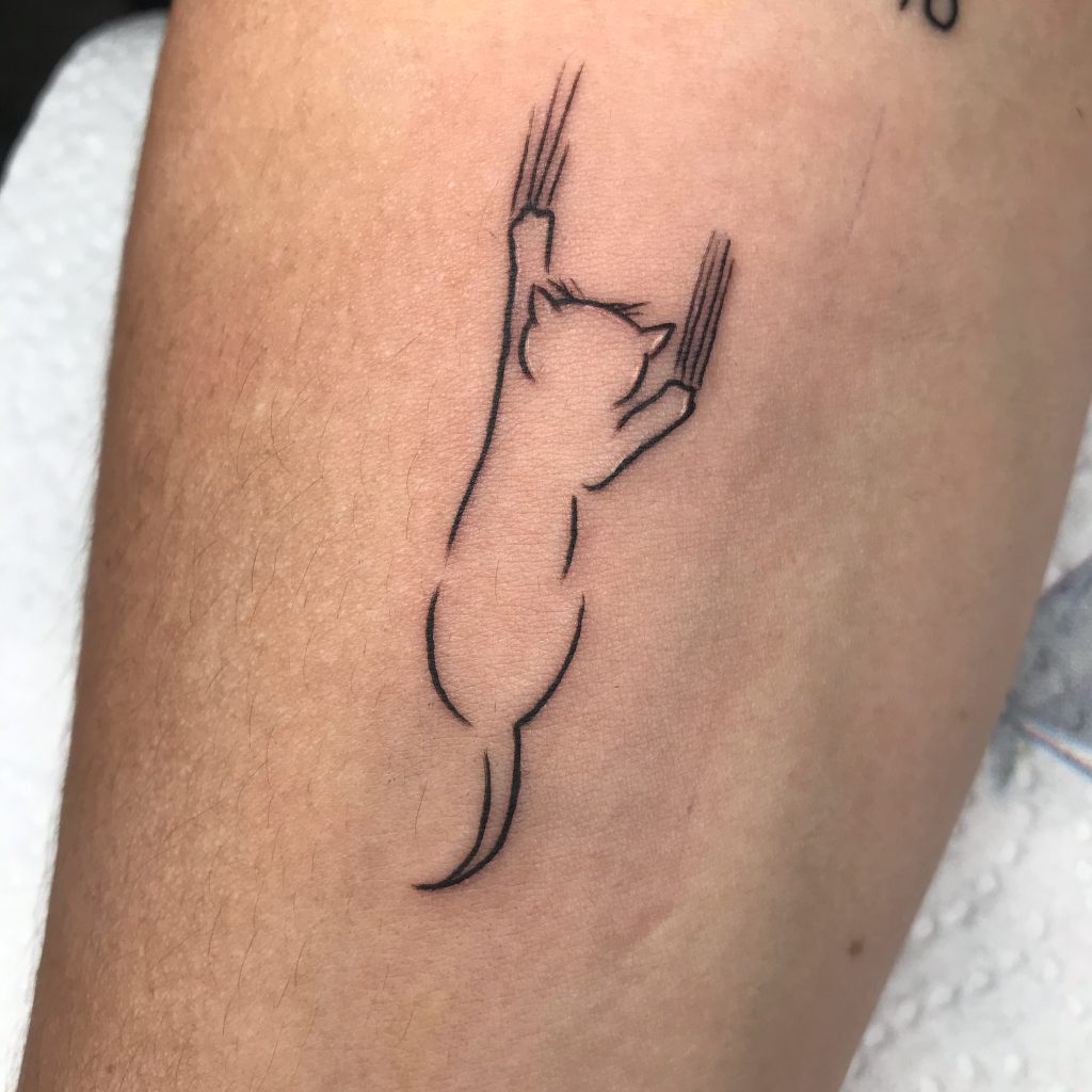 'Kitten Scratching Skin' Fine Line Blackwork Minimalist Tattoo By Rene Cristobal