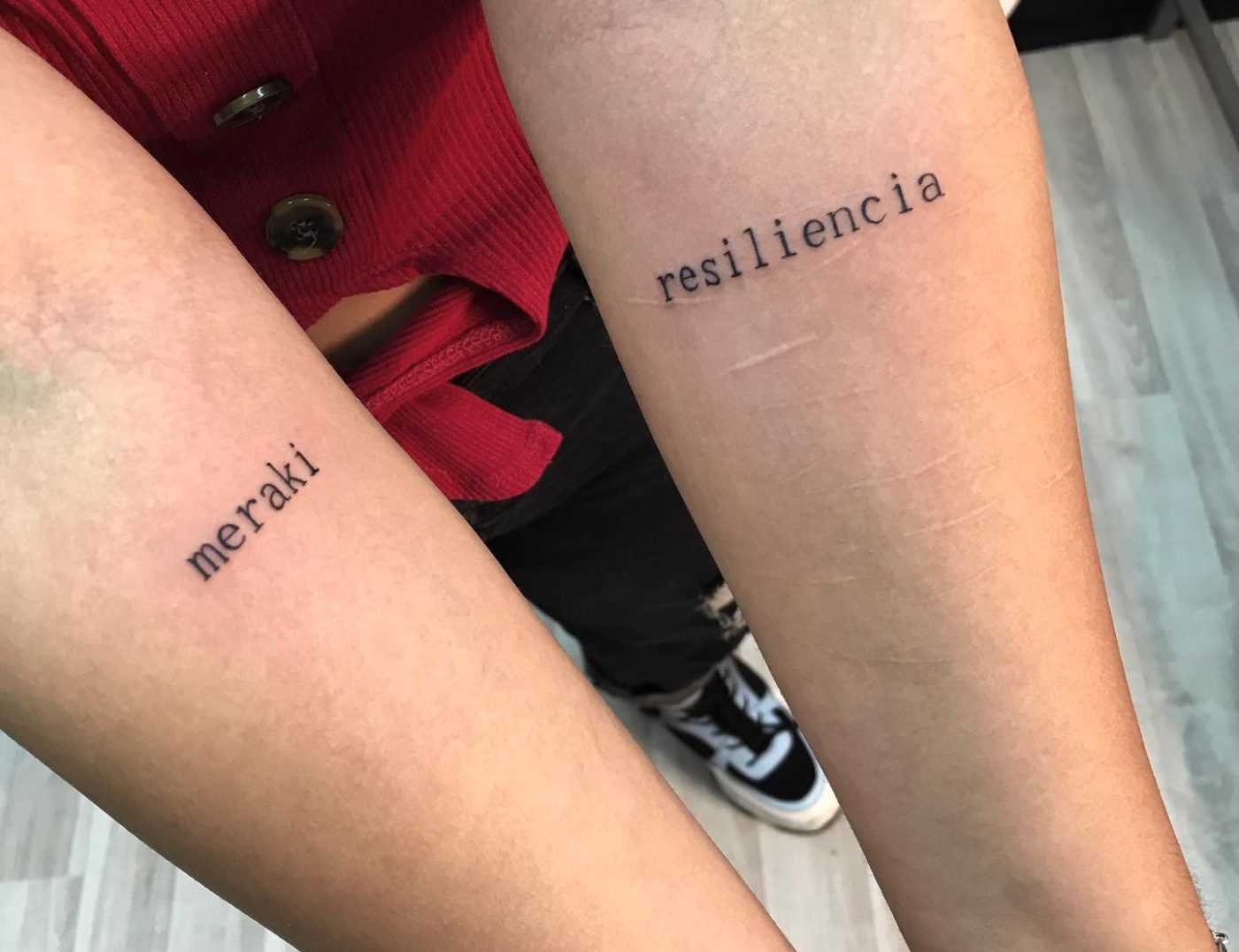 "Meraki Resiliencia" Blackwork Lettering Tattoo In Spanish By Rene Cristobal. The Meraki tattoo is a combination of two Greek words: “Meraki” and “Makari.” Meraki is a means "to do something with soul, creativity, or love" while Makari is a "means to make something beautiful." Iron Palm tattoos is open late night until 2AM. Stop by for a free consultation. Walk ins are welcome.